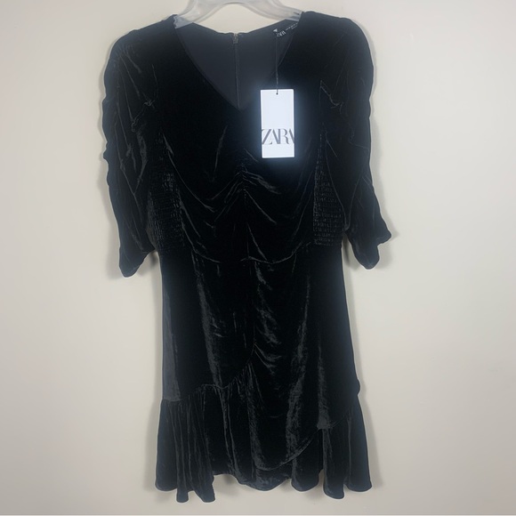 Zara Dresses & Skirts - ZARA Velvet Ruched Ruffle Smocked Mini Dress